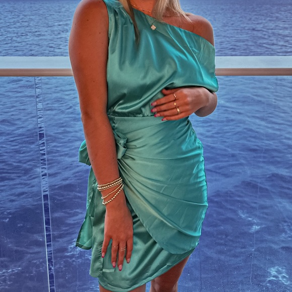 Satin One Shoulder Sleeveless Tie Waist Cocktail Party Mini Dress size small - Picture 4 of 4